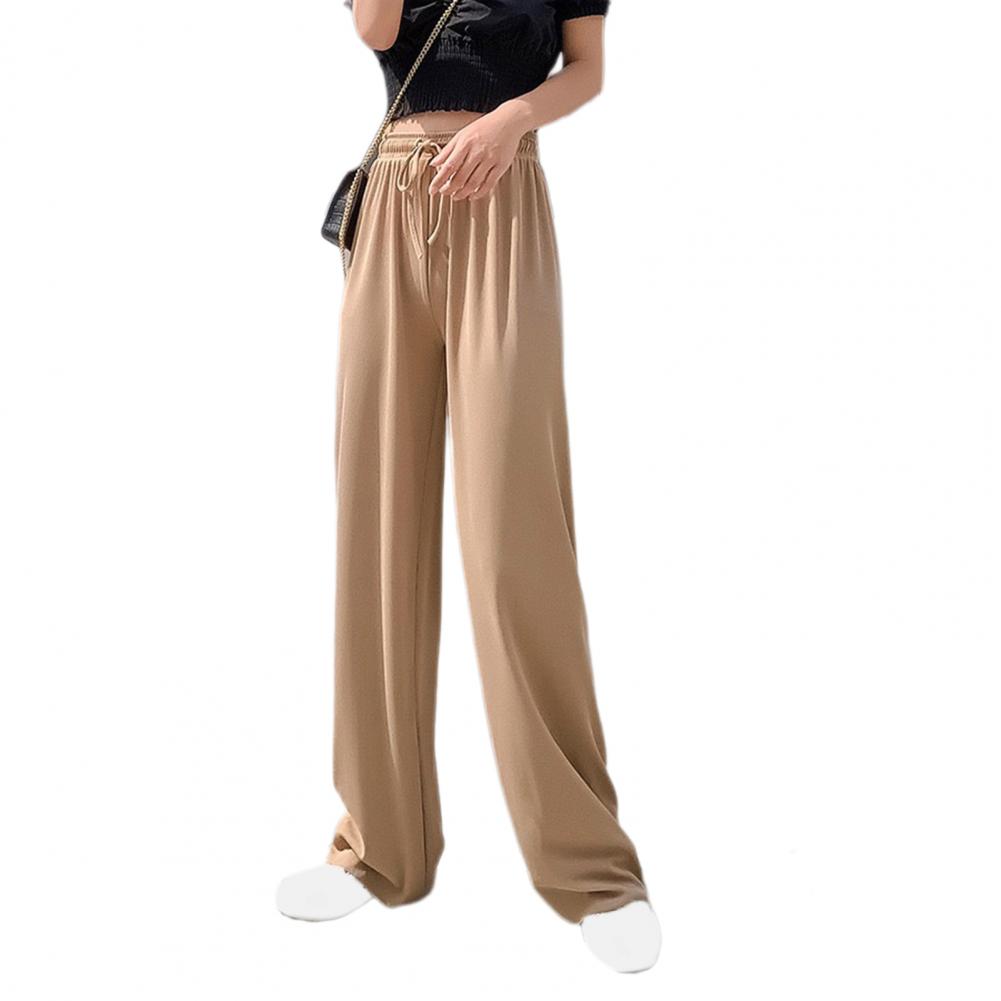 Women Ice Silk Pants Elastic High Waist Adjustable Drawstring Straight Wide Leg Pants Solid Color Long Trousers Daily Wear