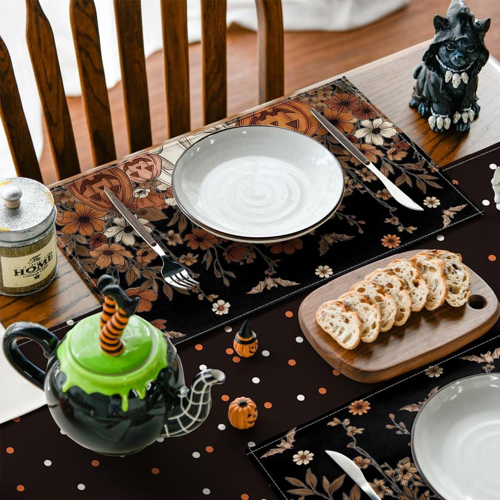 4/6pcs Ghost Jack-O'-Lantern Bat Floral Halloween Placemats, Seasonal Table Mats for Party Kitchen Dining Decoration 12X18 Inches