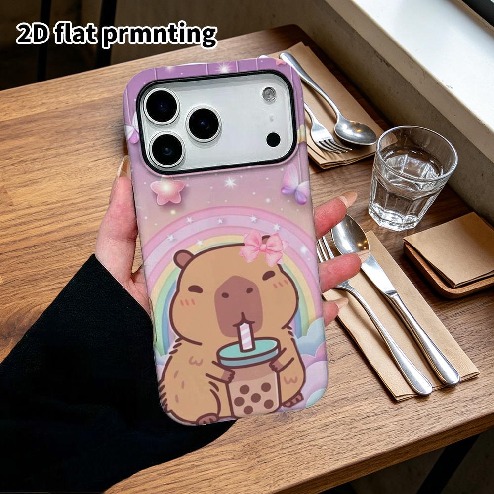 Phone Case: 2D Flat Design Suitable for iPhone 18 17 16 15 14 13 Pro Film Protective Case, Couple Style, Capybara Drinking Milk Tea, Christmas and Hal
