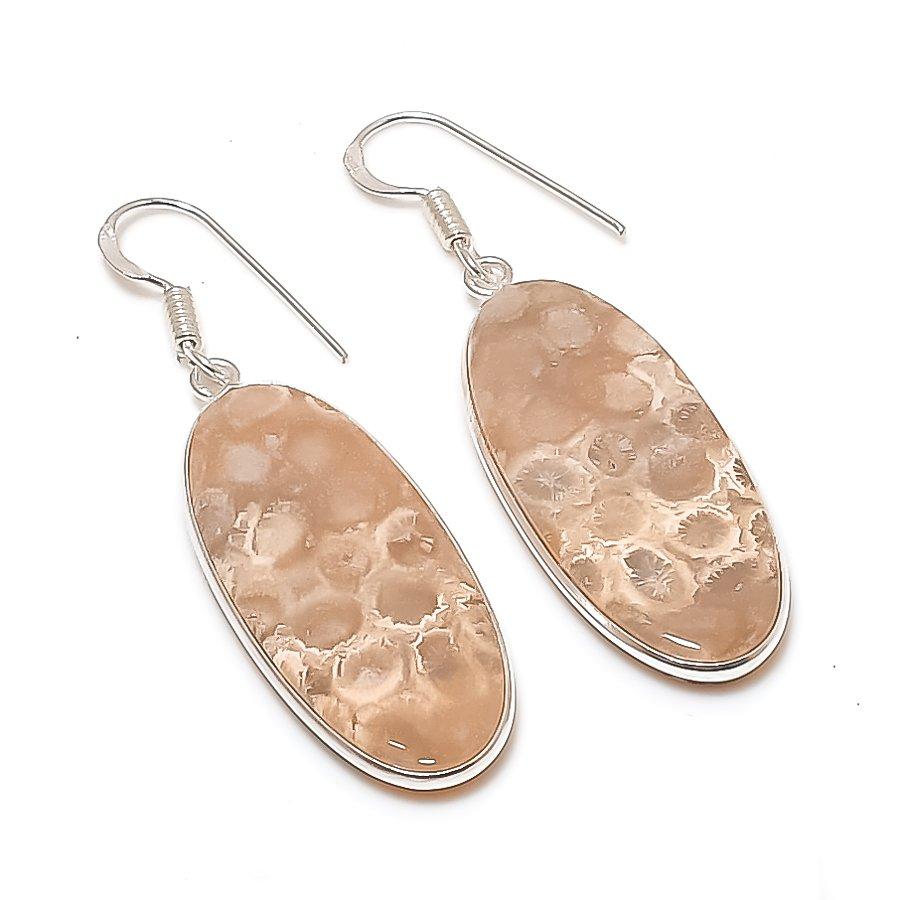 Натуральный Ископаемый Коралл Драгоценный Камень 925 Пробы Серебро Ювелирное Изделие Серьга 2,01  AE-12167