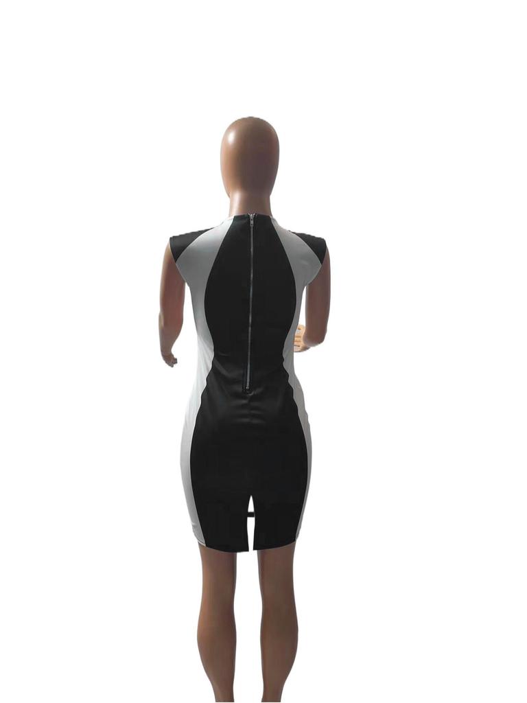 2023 Summer Color Block Sleeveless Round Neck Slim Fit Zipper Dress for Women - European and American Style
