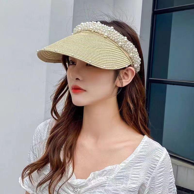 Hat women's summer new face small pearl empty top hat spring and summer cap fashion sunscreen cap breathable sun hat