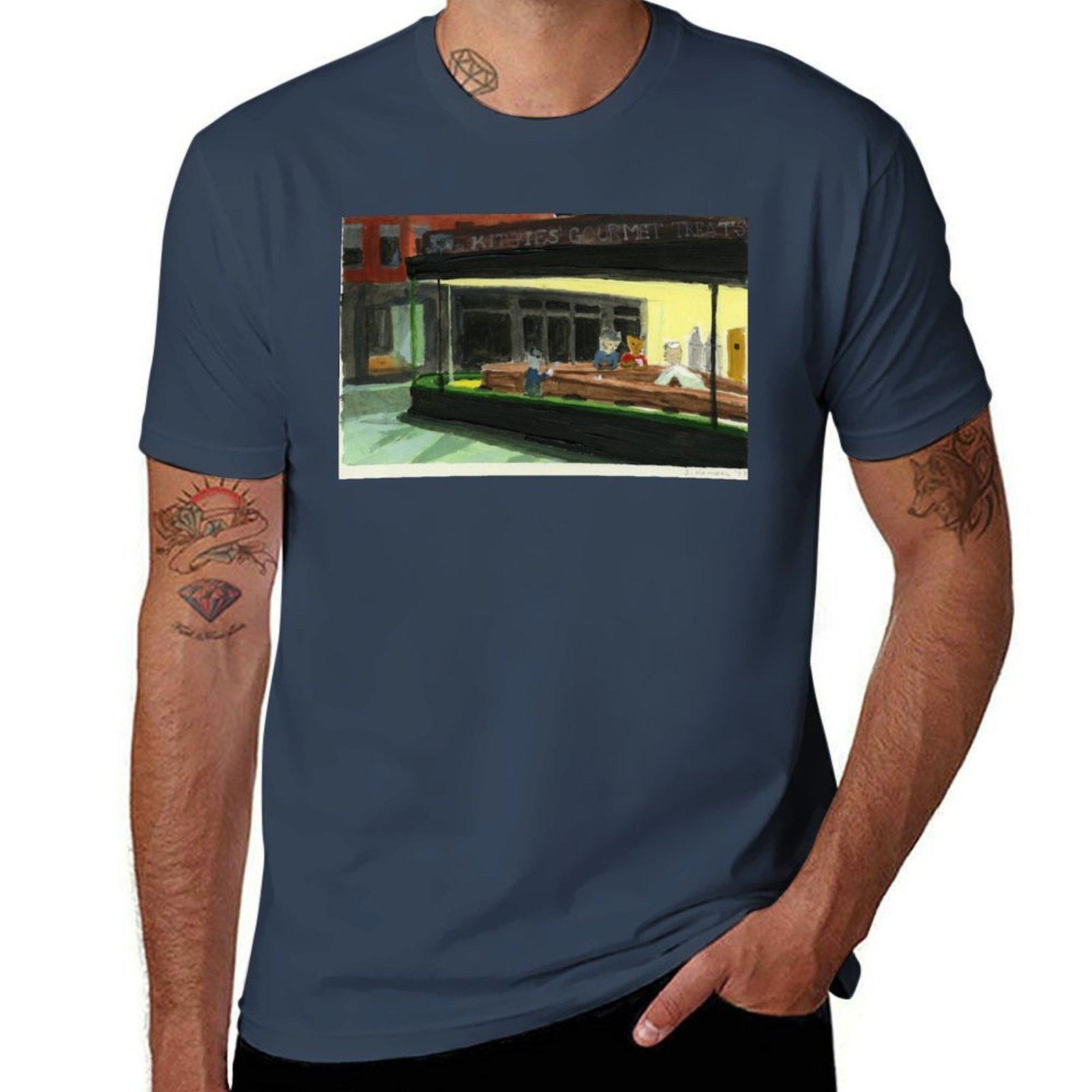 Cat Museum Cats in the Diner in Homage to Edward TShirt Casual Fashion Short Sleeve Cotton TShirt S