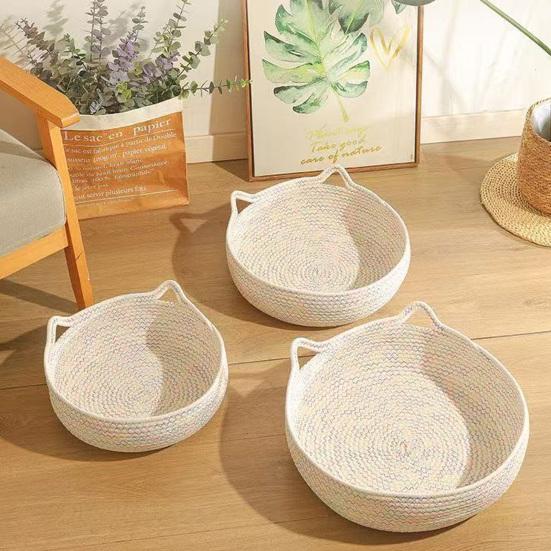 Cat Bed Basket Cotton Rope Pet Bed with Cat Ear Design Handwoven Sleeping Basket for Cats Puppies Rabbits Small Pets