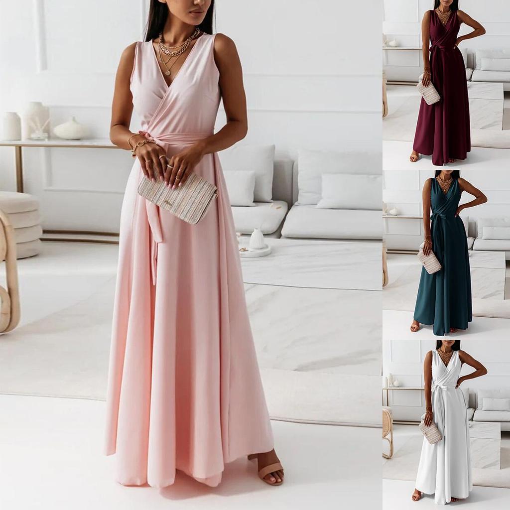 2025 European & American Spring/Summer Women's Solid Color V-Neck Evening Gown