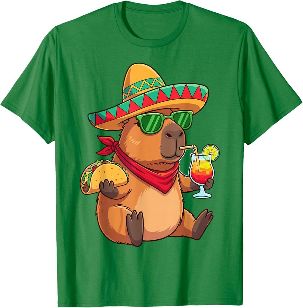 Capybara Sombrero Taco Drink Summer Fiesta Graphic Tee Shirt Casual Breathable Men