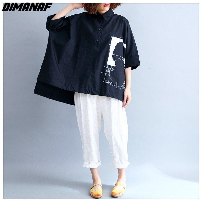 DIMANAF Dameskleding Casual Dames Shirts Blouse Zwart Oversize Print Tops Tuniek Katoenen Losse Knoop T-shirt 2024 Lente Zomer