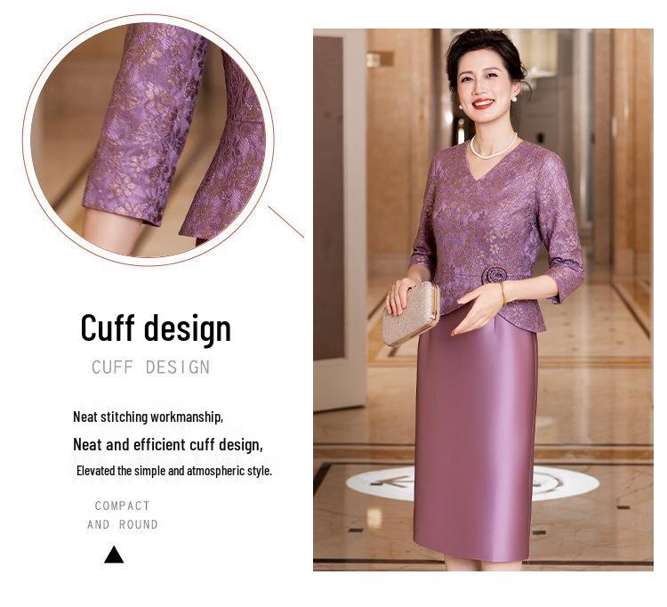 2025 Autumn Elegant V-neck Slimming Purple Lace Dress for Young Moms