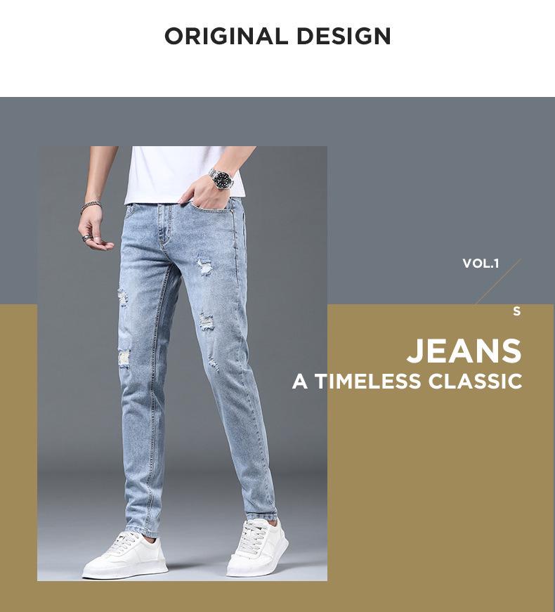 Men's Summer Light Ripped Slim Straight Jeans - Elastic, Casual, Thin, Korean Style.