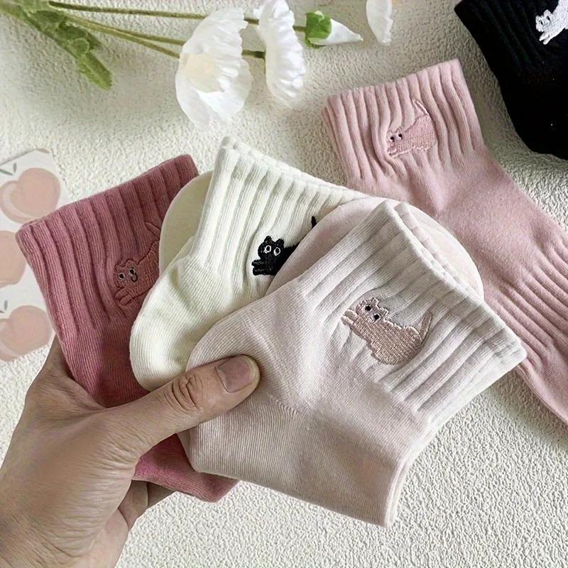 5 pairs of embroidered cat socks for children, cute embroidered cat socks, cartoon versatile, college style