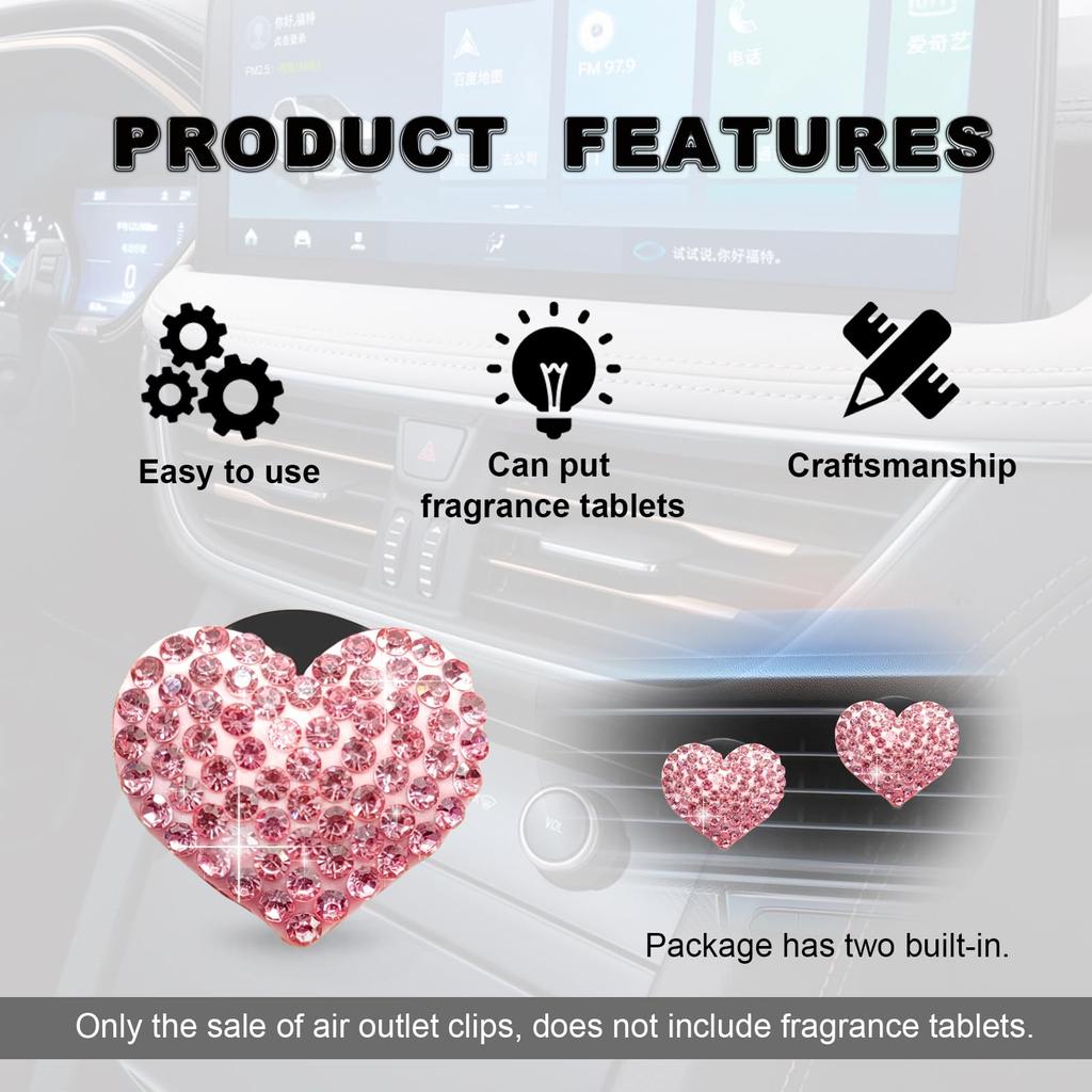 2pcs Car Air Vent Clip Bling Crystal Heart Charm Car Air Vent Clip Car
