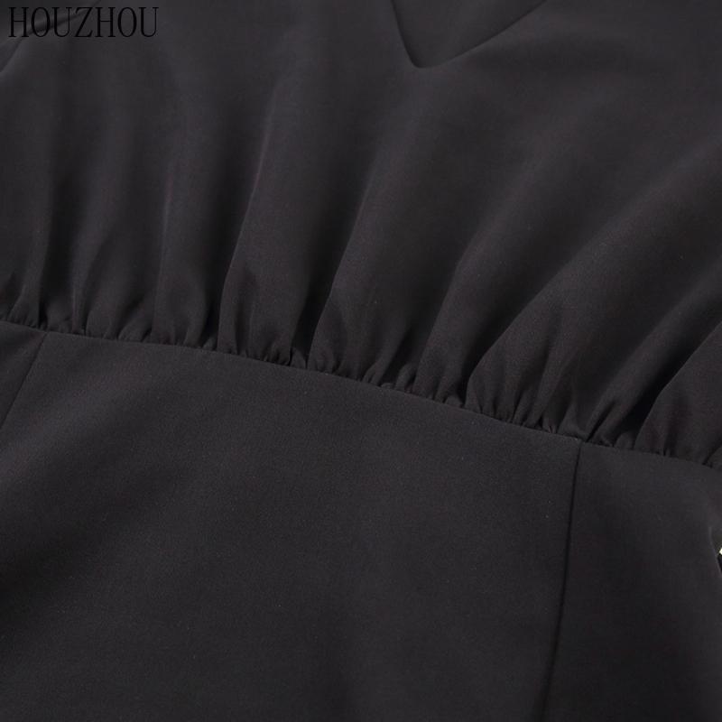 HOUZHOU Abito Nero Donna Scollo a V Vita Alta Classico Coreano Basic Elegante Maniche a Sbuffo Maniche Corte A-line Miniabito