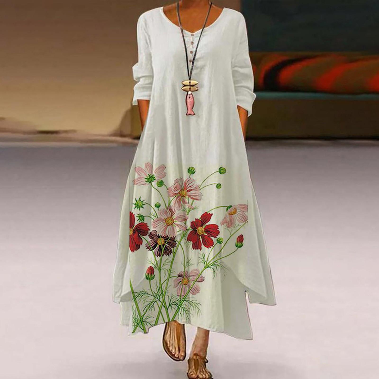 

Женское повседневное платье с цветочным принтом и v-образным вырезом, рукава три четверти, нерегулярное свободное длинное платье XXL красный