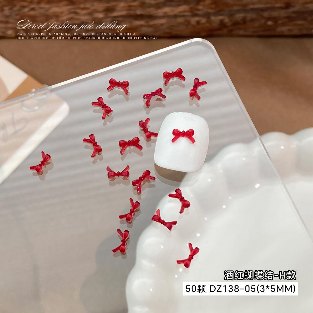 Wine Red Bow Nail Accessories Popular Online Items Solid Color Three-dimensional Hollow Tie Cartoon Resin