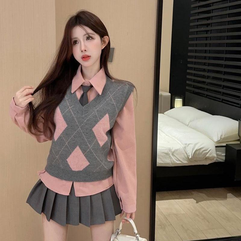 

Преппи розовый вязаный жилет, плиссированная юбка с высокой талией и комплект рубашки - Женский миниатюрный осенне-зимний костюм-тройка M