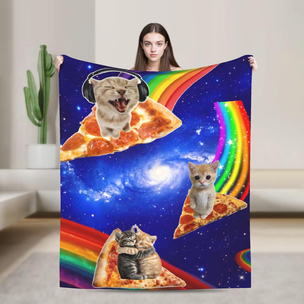 Pizza Cat Space Galaxy Flying Knitted Blanket Funny Wool Throw Blanket Home Couch Decoration Thin Bedspread Portable