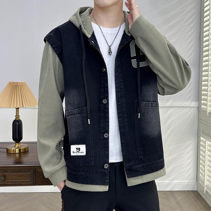 Denim Jacket Men's Autumn and Winter Teenage Students Daily Casual Denim Fake Two-piece Hooded Jacket Plus Velvet