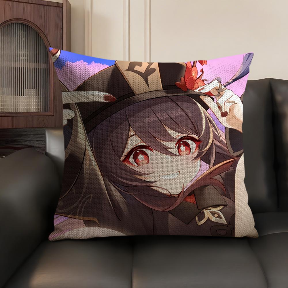 Cute Hu Tao Genshin Impact Cushion Cover Natural Linen Organic Fabric Double-Sided Printing Sofa Home Decor Gift Pillow Case