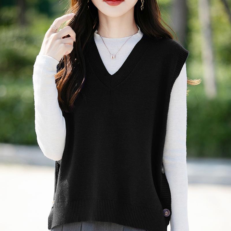 

Винтажный трикотажный жилет с V-образным вырезом, женская верхняя одежда на весну и осень, однотонный повседневный свитер, жилет на плечо XL чёрный