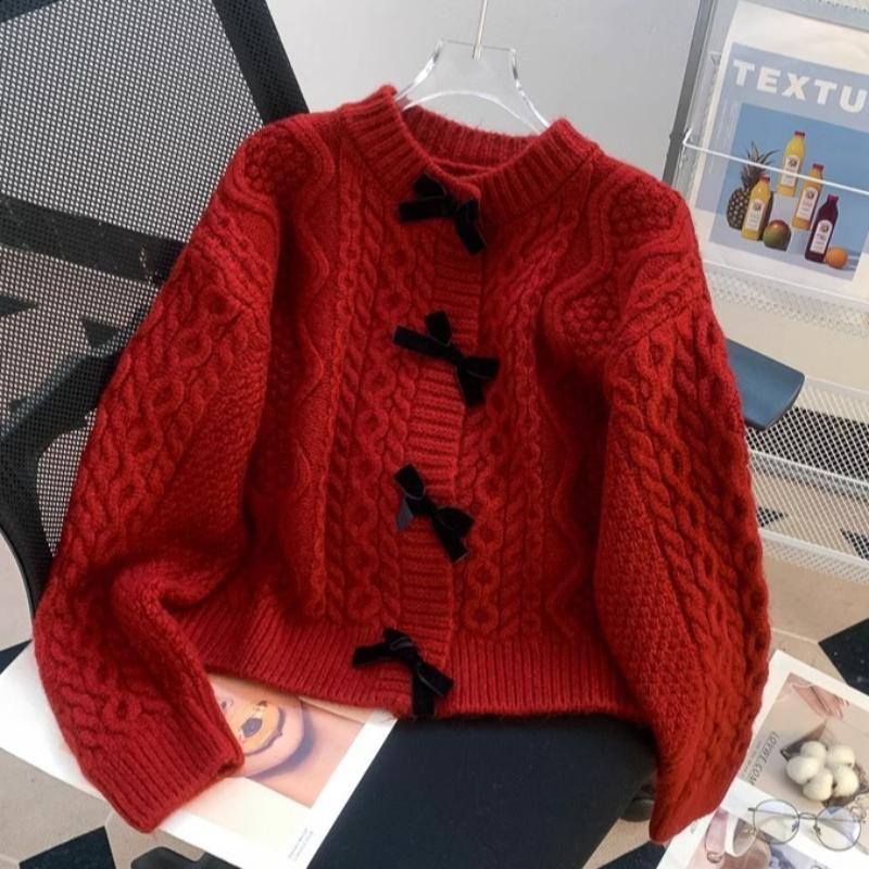 Piękny i stylowy sweter kardigan z kokardą dla kobiet, wiosenny i jesienny, luźny, leniwy, retro, modna, słodka dzianina