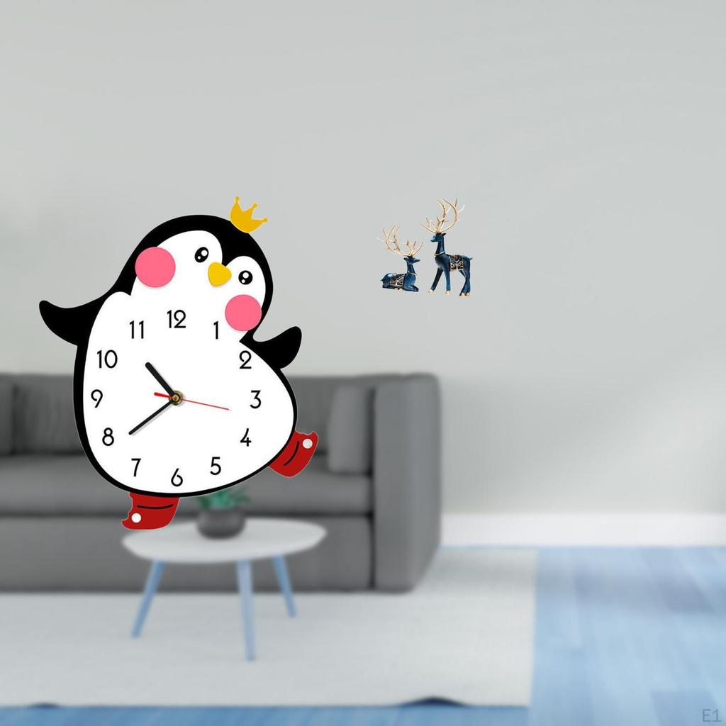 Penguin And Reindeer Wooden Wall Clock Deer Figurine Set for Bedroom Living Room Home