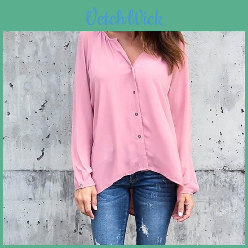 Premium Quality Spring Fashion V Collar Fold Button Long-sleeved Loose Chiffon Shirt In 8 Stunning Colors
