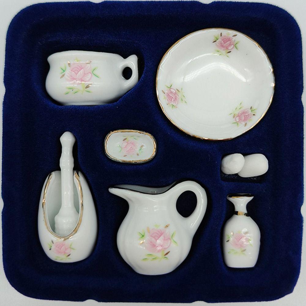 1/12 Scale Dollhouse Bathroom Porcelain Rose Floral Miniature Furniture Porcelain Girls Gift