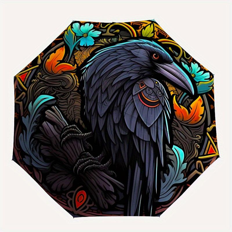 1pc Raven StainedGlass Automatic Open/Close, Foldable Compact Umbrella with 8-Rib Shaft, Perfect Gift For Men And Women, Casual Style, Vibra