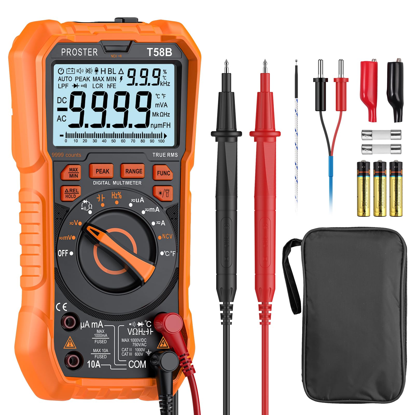 

Proster Tester Digital Multimeter 9999 Counts True RMS Voltage Current Resistance Capacitance Duty Cycle Temperature NCV Diode Transistor Continuity
