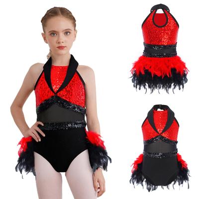 Fantasia de Jazz para Meninas Gola Dobrada Sem Mangas Cintura em Malha Transparente Costas com Abertura Lantejoulas Brilhantes Penas Collant