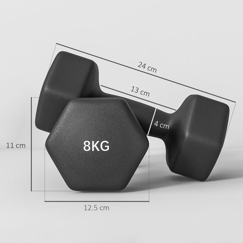 Set of 2 Hexagonal Dumbbells 2x8 Kg In Metal and Plastic with Non-Slip Grip, 24x11x11 Cm, Black