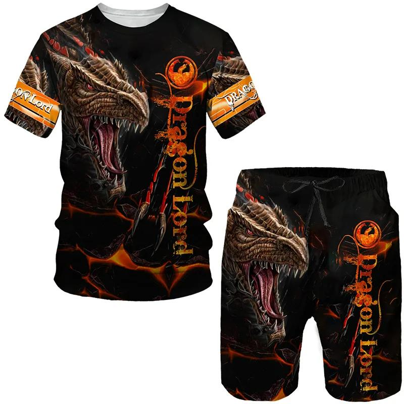 Sommer Herren T-Shirts + Shorts mit Drachenlord-Muster, 2-teiliges Outfit, lässige Shorts-Sets, 3D-Druck, coole Herrenkleidung, O-Ausschnitt, Trainingsanzug