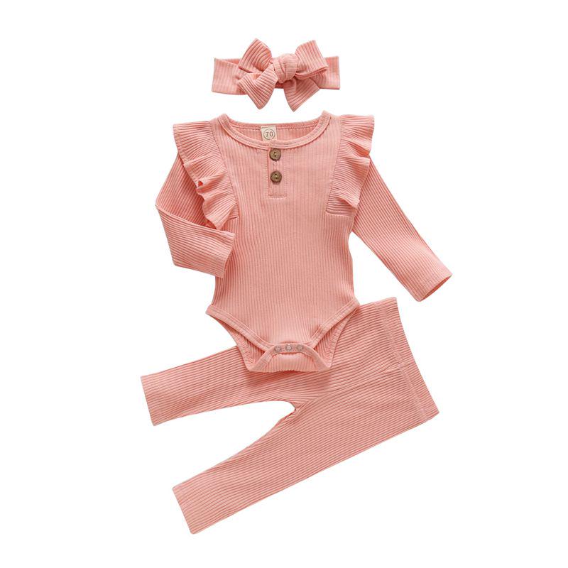 Newborn Infant Baby Girls Clothes Solid Long Ruffled Fly-sleeved Bodysuit+ Pants + Headband Toddler Outfits Clothing Set