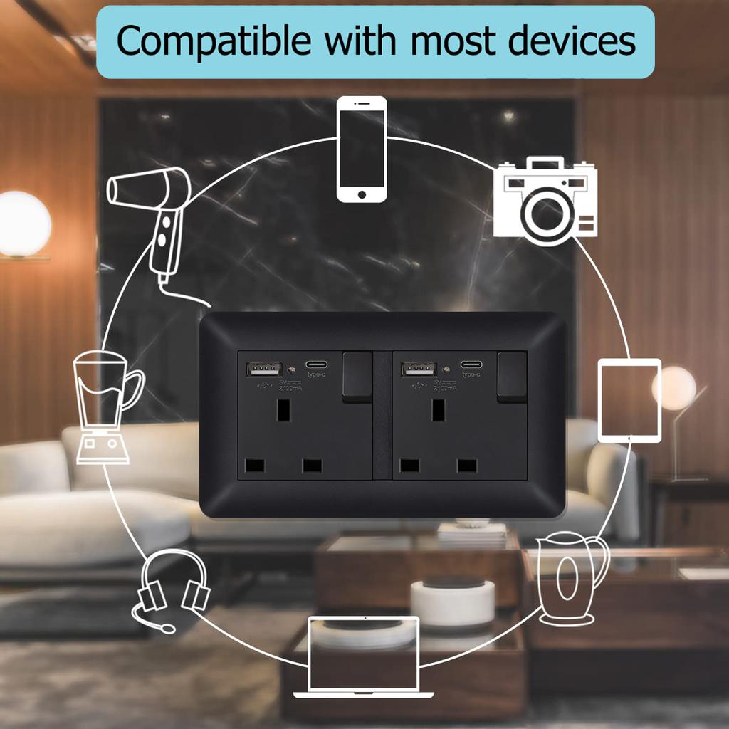 EIOMR 13A UK Standard Plug Power Wall Socket and Switch 250V, with USB Type-C Charger Port 5V 2.1A, Black PC Curved Frame Panel