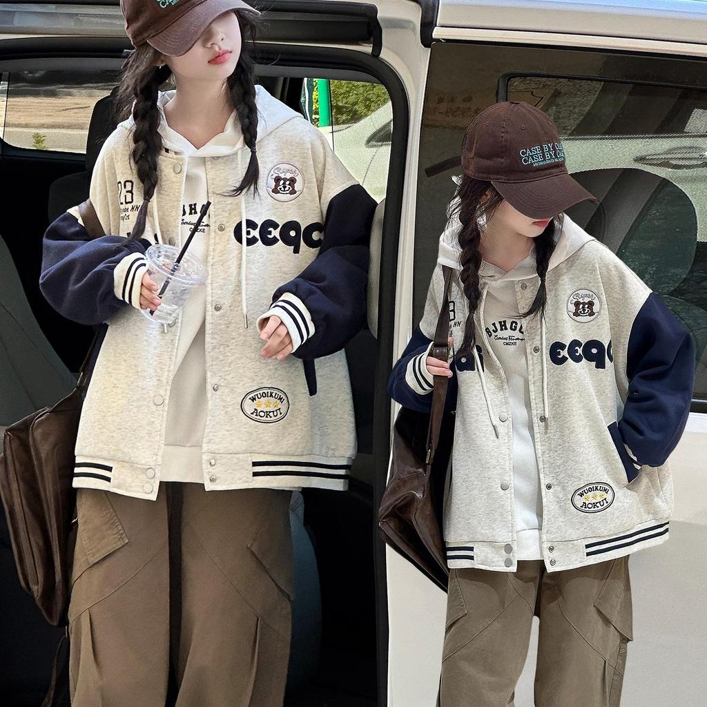Girls' 2025 Korean Style Sporty Baseball Jacket - Fashionable Autumn/Spring Coat for Big Kids