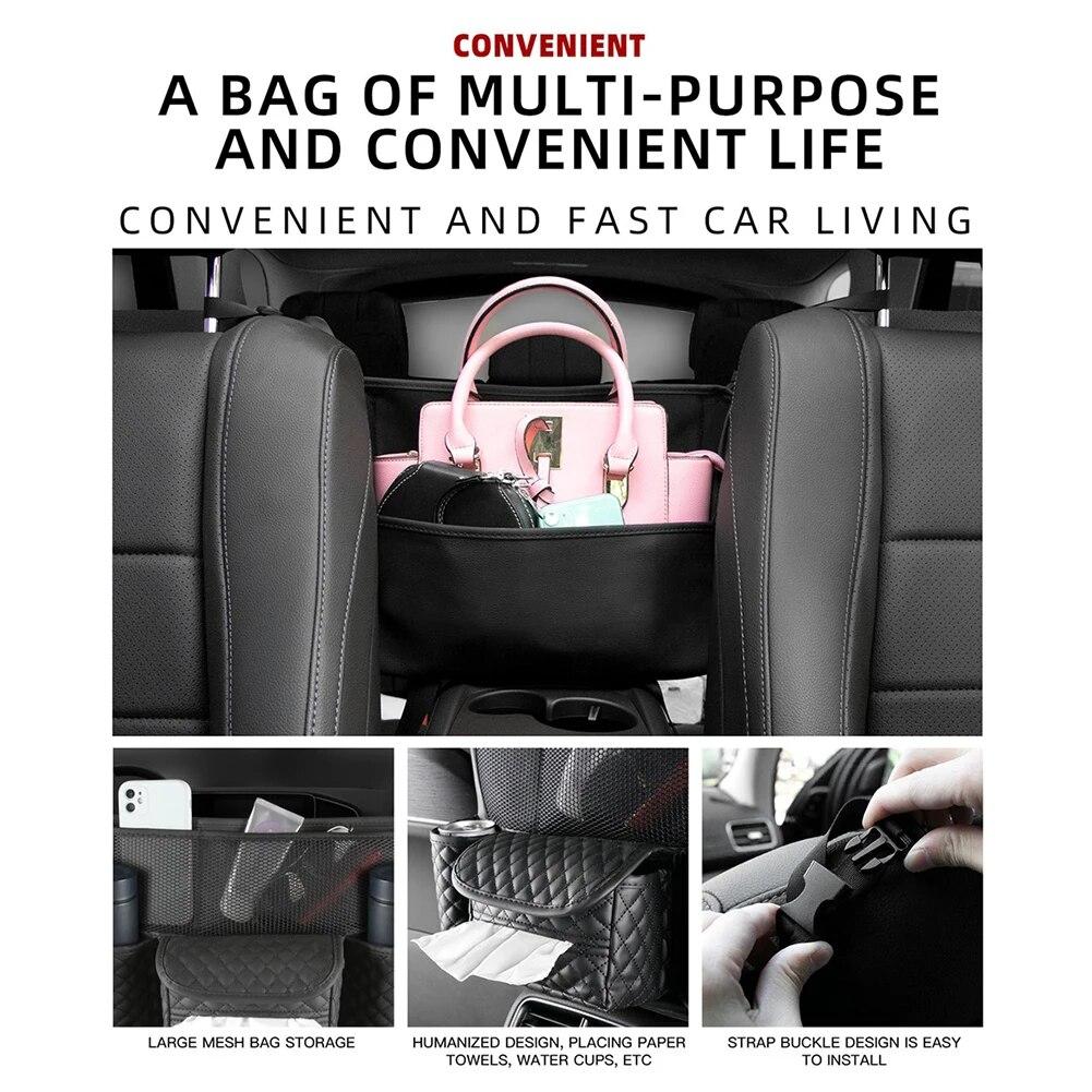 Car Seat Storage Bag PU Leather Auto Seat Middle Box Hanging Pocket For Stowing Car Organizer Holder For Handbag Tissue Drink