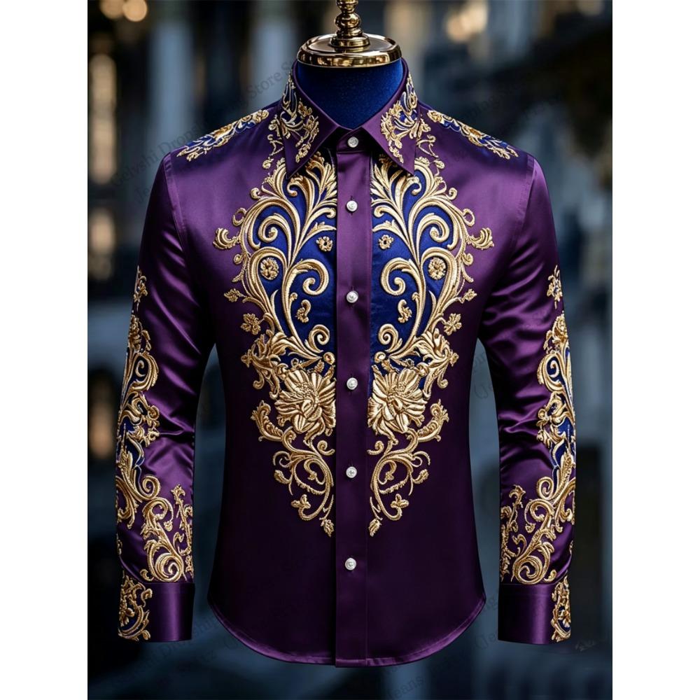Various Golden Royal Court Pattern Long Sleeve Button Shirt Satin Floral 3d Print Hawaiian Shirt Men Women Fashion Blouse Party