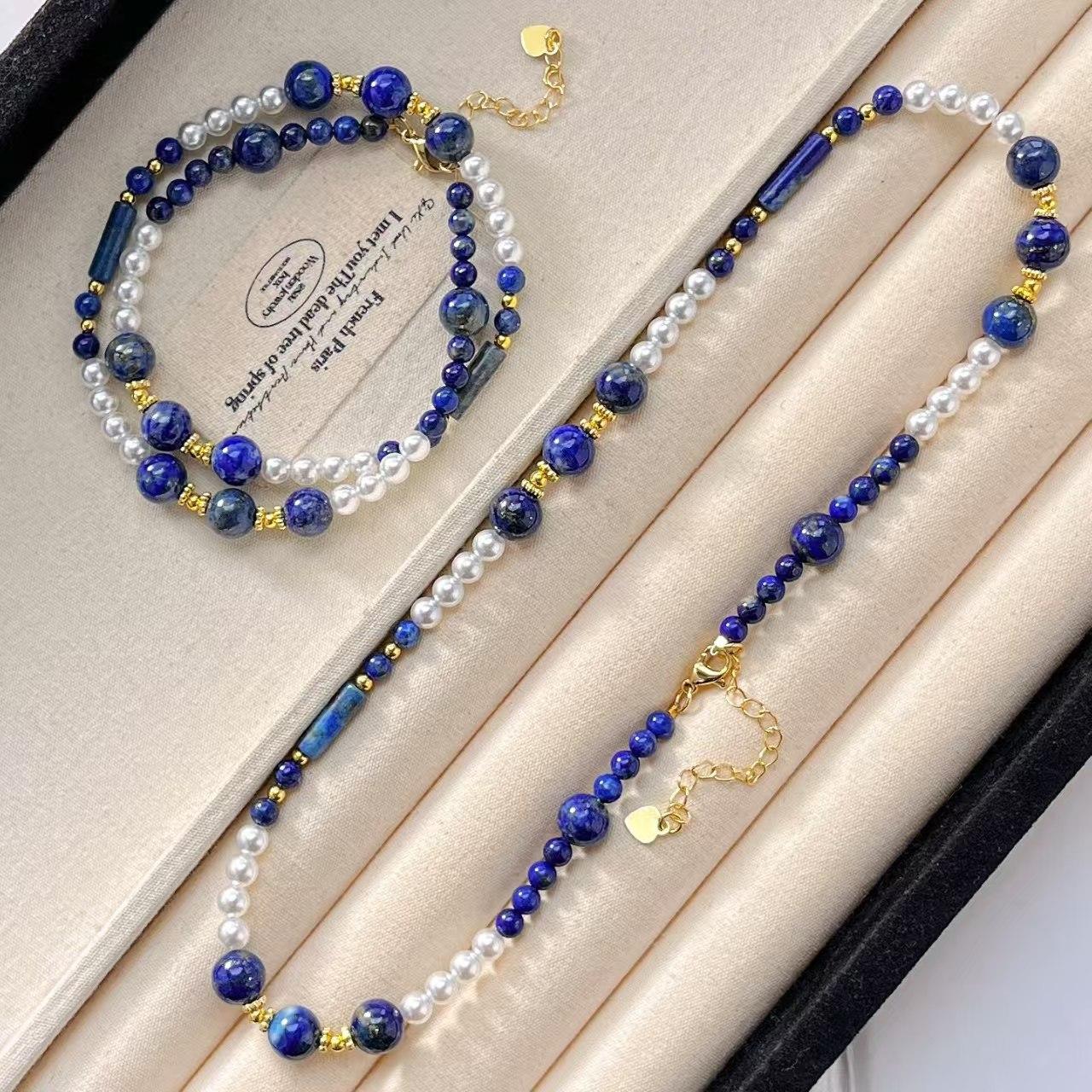 Vintage Design Sense Artificial Crystal Pearl Natural Lapis Lazuli Clavicle Chain Necklace