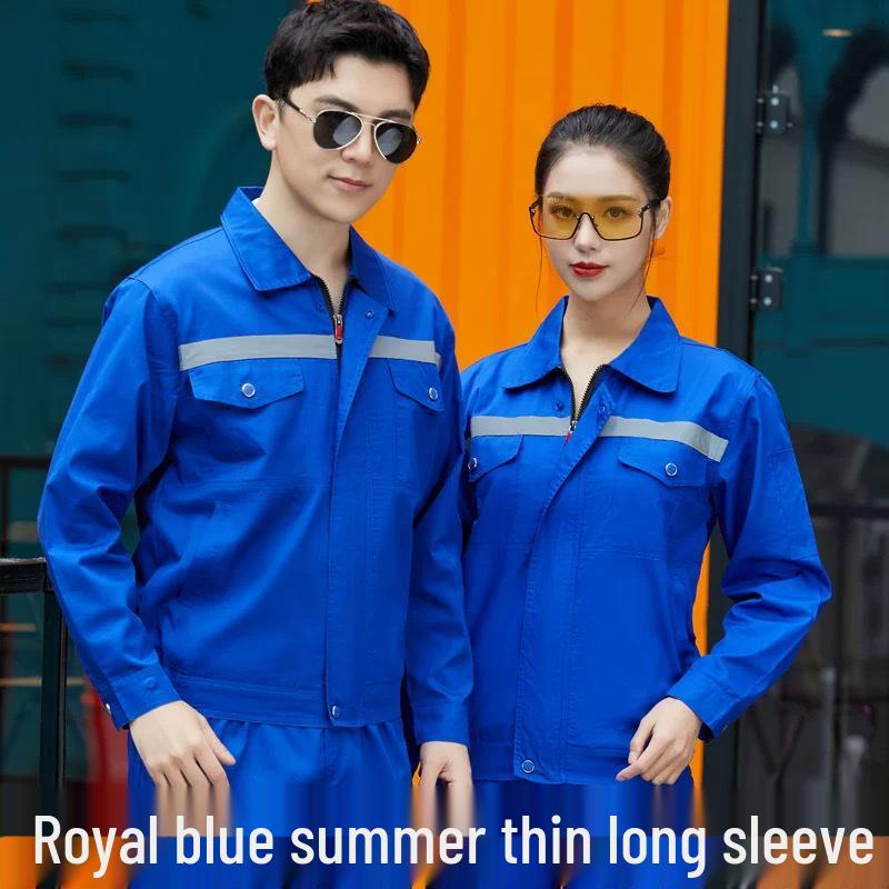 Summer Lightweight Polyester Cotton Reflective Workwear Set - Long Sleeve Protective Clothing for Construction and Workshop Use.