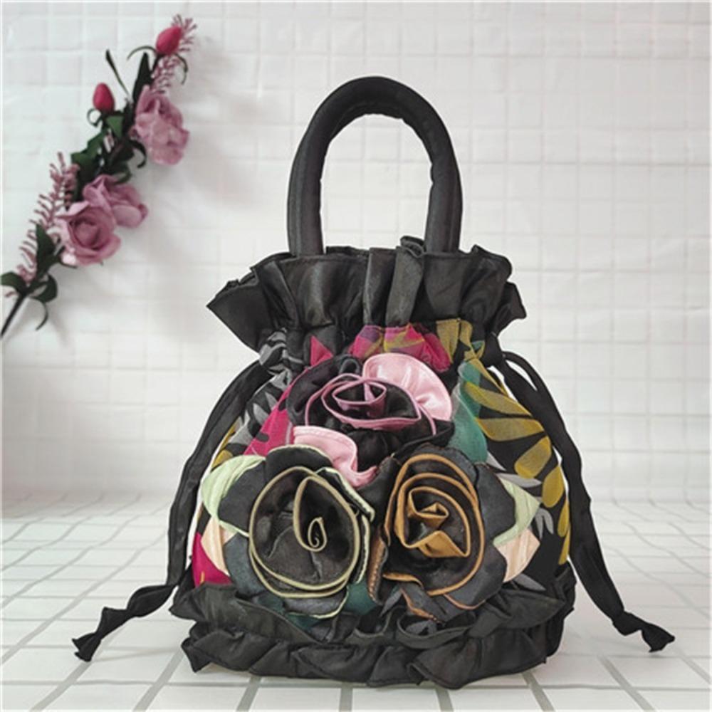 High Quality Top Handle Lace Flower Bag Lace Embroidery Bucket Drawstring Cloth Bag Dacron Women's Handbag