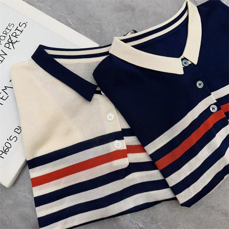 Women Clothing Summer Trendy Striped Polo Collar Ice Silk Knitted T-shirt Elegant Simple Casual Short Sleeve Loose Pullover Tops