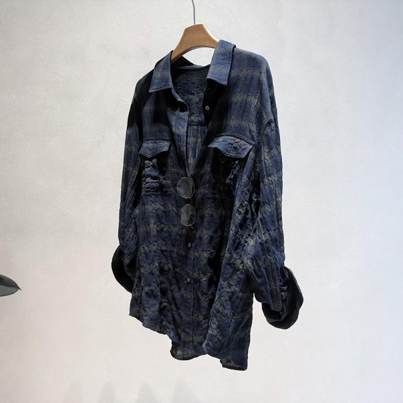 Womens Oversized Cotton Wrinkle Plaid Shirt Loose Fit Long Sleeve Button-Up Top Casual BF Style