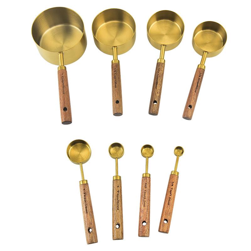 8-Piece Walnut Wood and Stainless Steel Measuring Cup and Spoon Set - Includes 15ml, 30ml Coffee and Baking Spoons