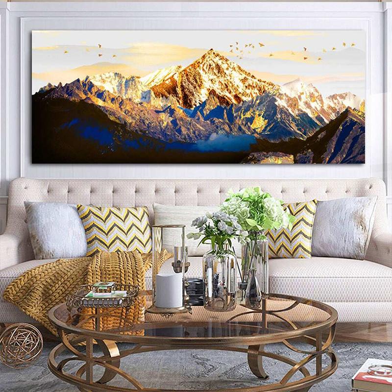 Abstrakte Golden Mountain Vogel Landschaft Leinwand Gemälde Druck Poster Ölgemälde Für Wohnzimmer Moderne Wohnkultur Rahmenlose