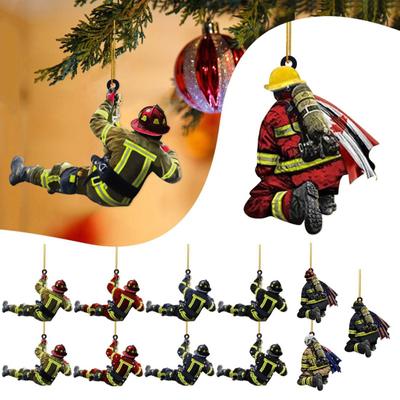 Christmas Firefighter Ornaments Acrylic Fireman Decorations Firefighting Keepsake Hanging Pendant for Tree Wall Car Decor