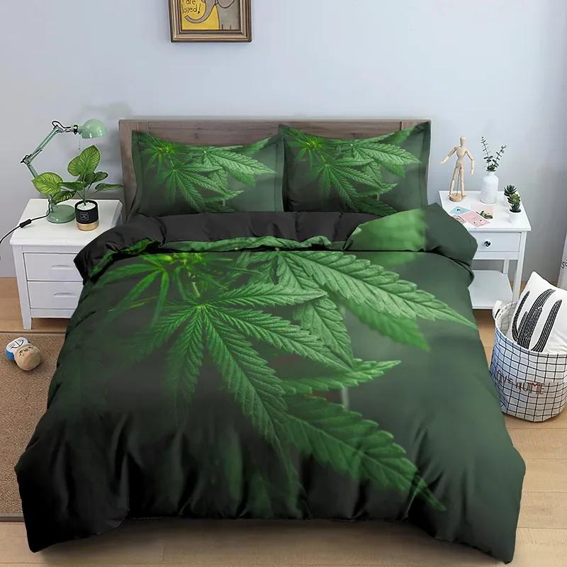 Green Nature Weed Leaves Bedding Set Single Twin Double Queen King Cal King Size Bed Linen Set