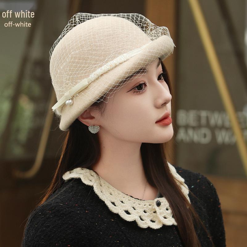 Women's Versatile Retro Elegant Dome Wool Felt Beret with Mesh Decoration - 2024 Autumn/Winter Collection
