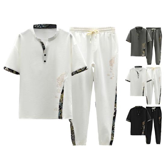 2Pcs/Set Men Summer Outfit Stand Collar Short Sleeve T-shirt Elastic Waist Drawstring Ice Silk Pants Set Tiger Print Casual Suit