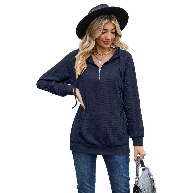 Autumn Winter Solid Color Hooded Zipper Loose Long Sleeved Sweatshirt for Women
