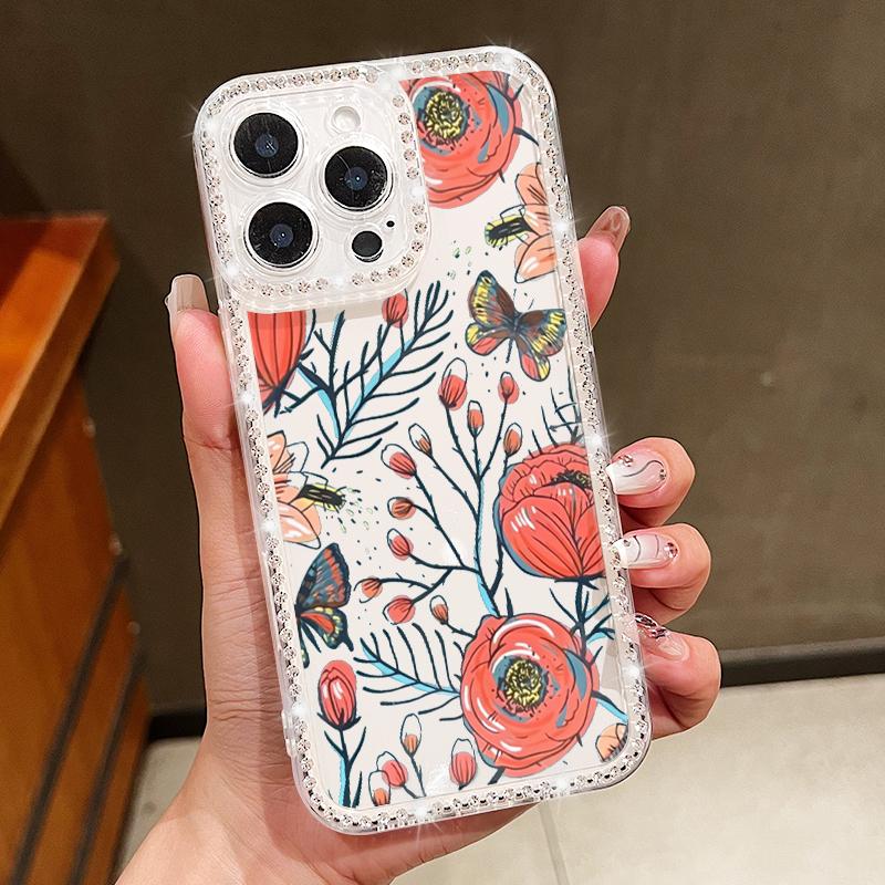 Diamond Frame Clear Anti-Fall Phone Case For iPhone 16E 16 Pro 15 Pro Max 14 13 12 11 Floral Print Soft Silicone Shockproof Bumper Cover